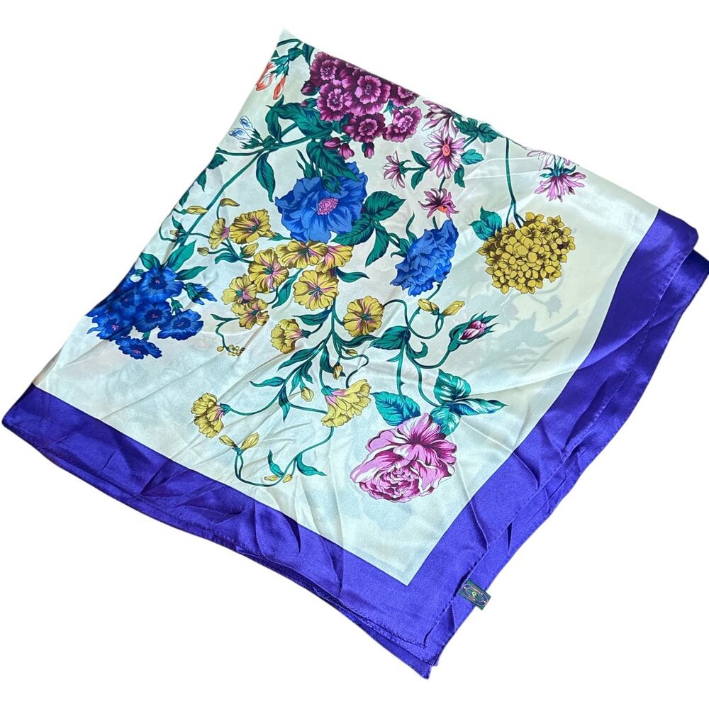 Charter Club 100% Silk Floral Scarf Purple Border Made in Japan 34” Square - Picture 4 of 6